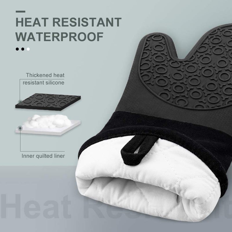 sungwoo Silicone Oven Mitts, Heat Resistant Oven Gloves with Quilted Liner Non-Slip Textured Grip Perfect for BBQ, Baking, Cooking and Grilling - 1 Pair 13.8 Inch Black - Image 2